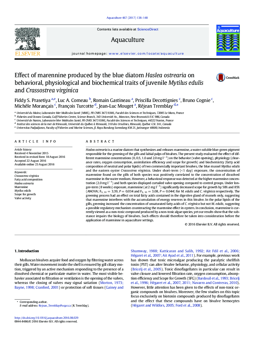 Effect of marennine produced by the blue diatom Haslea ostrearia on behavioral, physiological and biochemical traits of juvenile Mytilus edulis and Crassostrea virginica