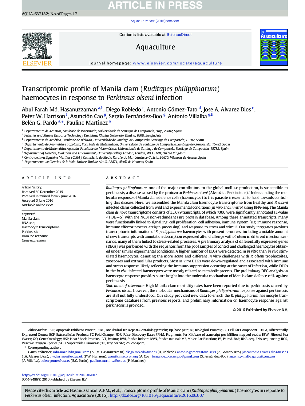 Transcriptomic profile of Manila clam (Ruditapes philippinarum) haemocytes in response to Perkinsus olseni infection