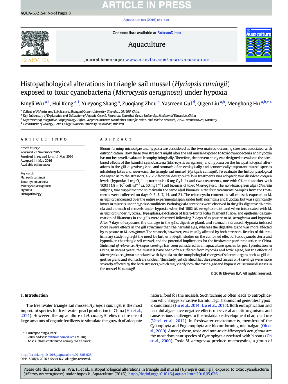 Histopathological alterations in triangle sail mussel (Hyriopsis cumingii) exposed to toxic cyanobacteria (Microcystis aeruginosa) under hypoxia