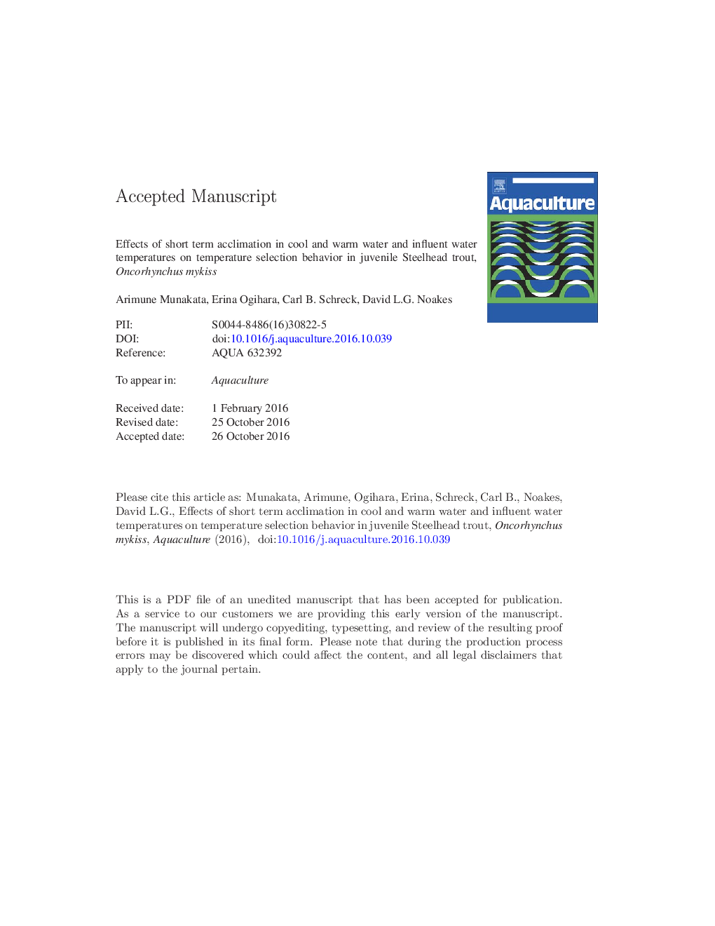 Effects of short term acclimation in cool and warm water and influent water temperatures on temperature selection behavior in juvenile steelhead trout, Oncorhynchus mykiss