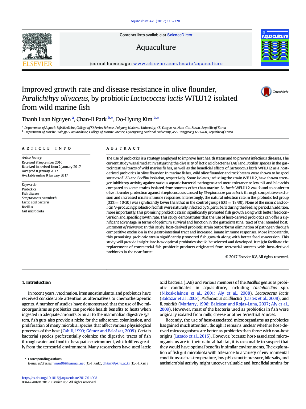عکس صفحه اول مقاله: Improved growth rate and disease resistance in olive flounder, Paralichthys olivaceus, by probiotic Lactococcus lactis WFLU12 isolated from wild marine fish Improved growth rate and disease resistance in olive flounder, Paralichthys olivaceus, by probiotic Lactococcus lactis WFLU12 isolated from wild marine fish