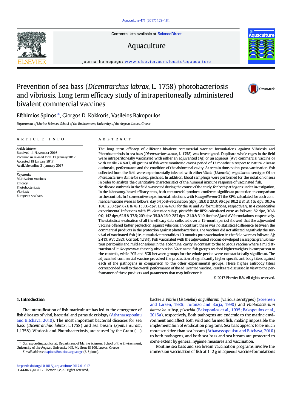 Prevention of sea bass (Dicentrarchus labrax, L. 1758) photobacteriosis and vibriosis. Long term efficacy study of intraperitoneally administered bivalent commercial vaccines