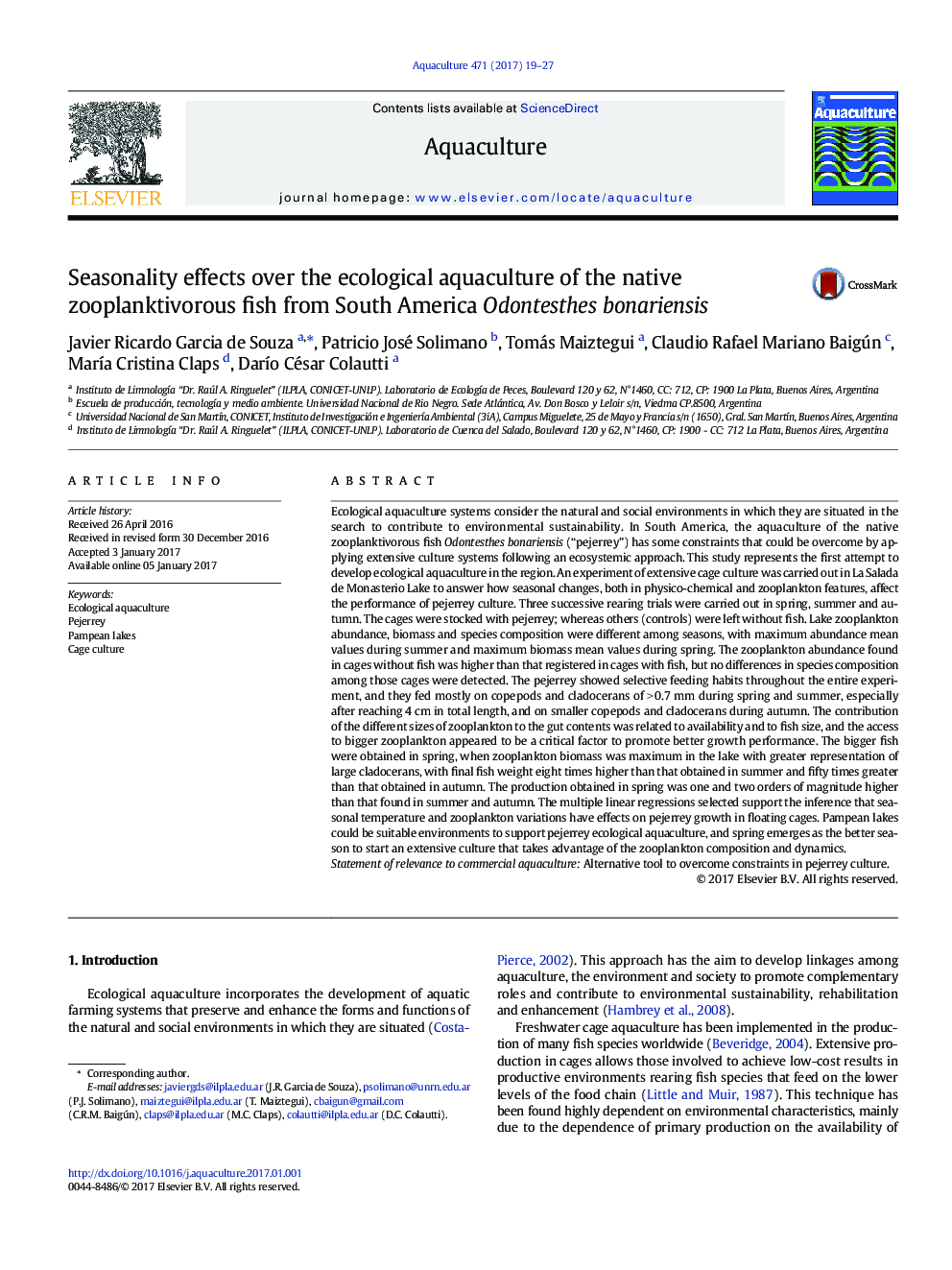 Seasonality effects over the ecological aquaculture of the native zooplanktivorous fish from South America Odontesthes bonariensis