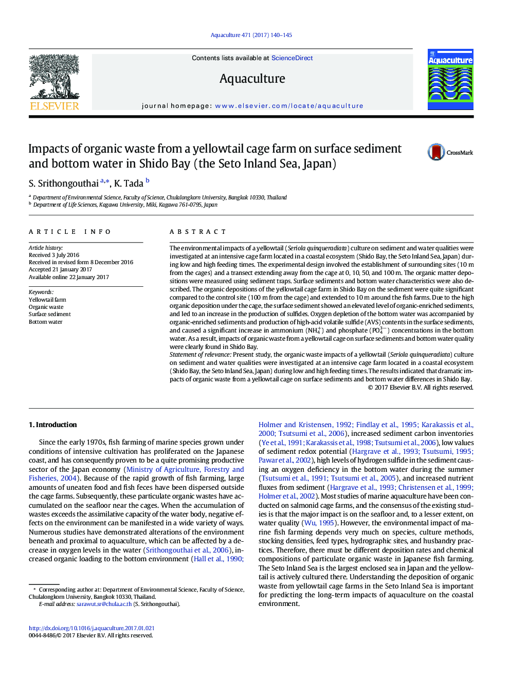 Impacts of organic waste from a yellowtail cage farm on surface sediment and bottom water in Shido Bay (the Seto Inland Sea, Japan)