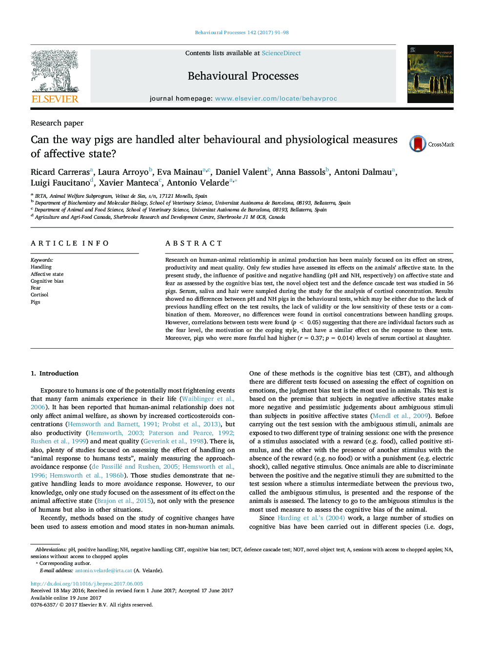 Can the way pigs are handled alter behavioural and physiological measures of affective state?