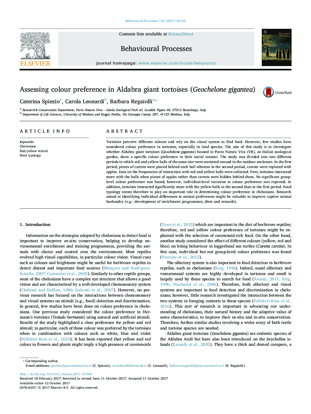 Assessing colour preference in Aldabra giant tortoises (Geochelone gigantea)