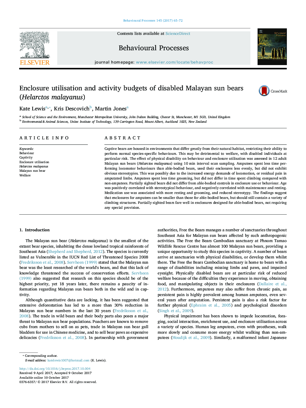 Enclosure utilisation and activity budgets of disabled Malayan sun bears (Helarctos malayanus)