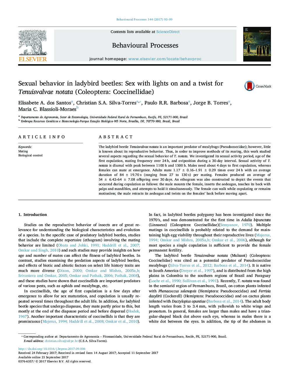 Sexual behavior in ladybird beetles: Sex with lights on and a twist for Tenuisvalvae notata (Coleoptera: Coccinellidae)