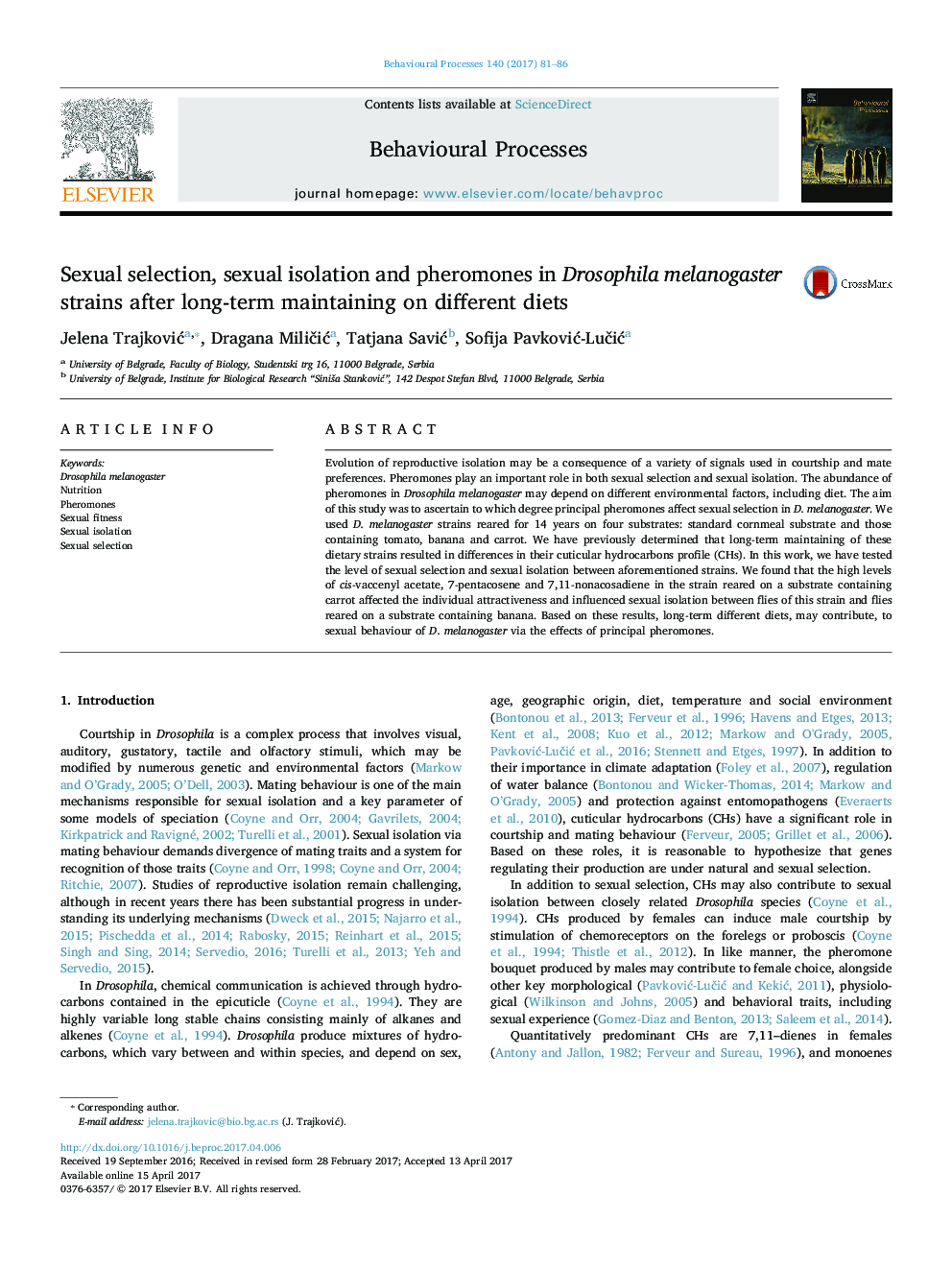 Sexual selection, sexual isolation and pheromones in Drosophila melanogaster strains after long-term maintaining on different diets