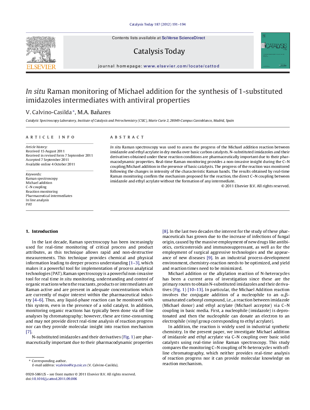 عکس صفحه اول مقاله: In situ Raman monitoring of Michael addition for the synthesis of 1-substituted imidazoles intermediates with antiviral properties In situ Raman monitoring of Michael addition for the synthesis of 1-substituted imidazoles intermediates with antiviral properties
