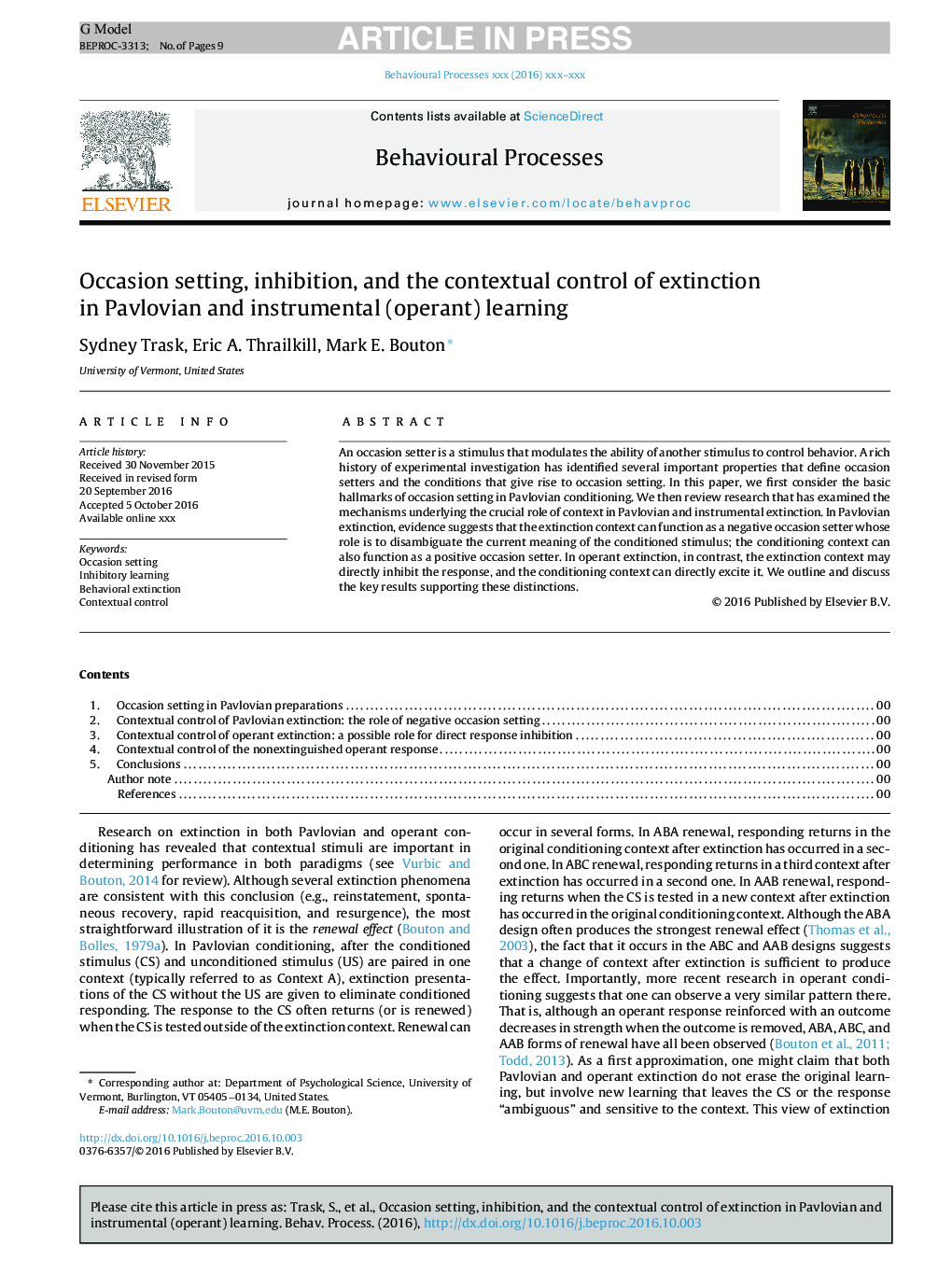 Occasion setting, inhibition, and the contextual control of extinction in Pavlovian and instrumental (operant) learning