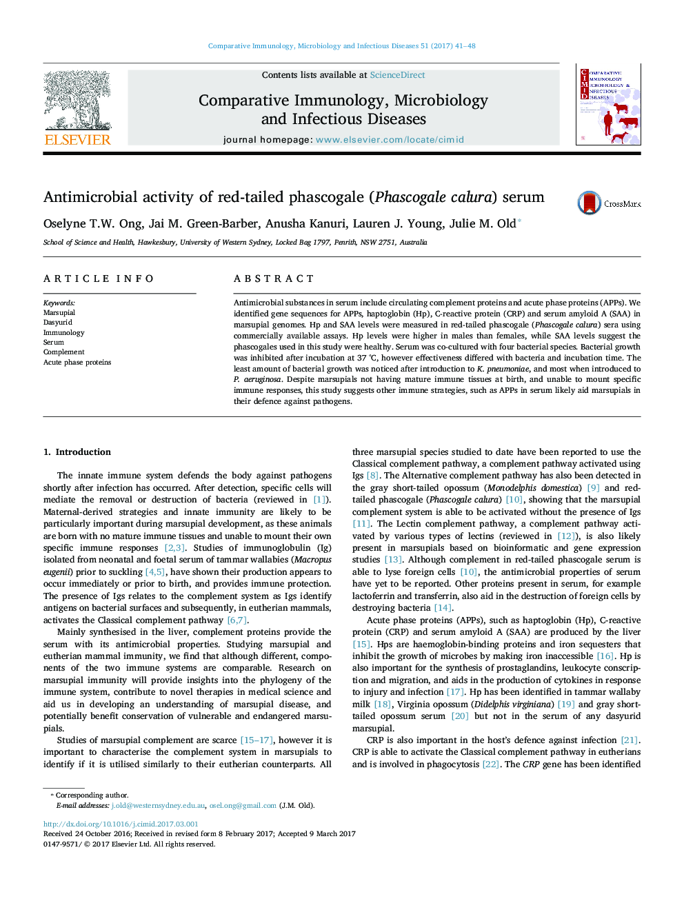 Antimicrobial activity of red-tailed phascogale (Phascogale calura) serum