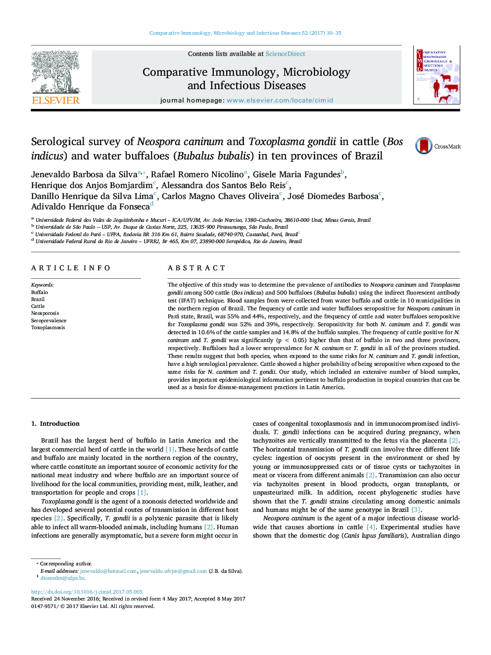 Serological survey of Neospora caninum and Toxoplasma gondii in cattle (Bos indicus) and water buffaloes (Bubalus bubalis) in ten provinces of Brazil