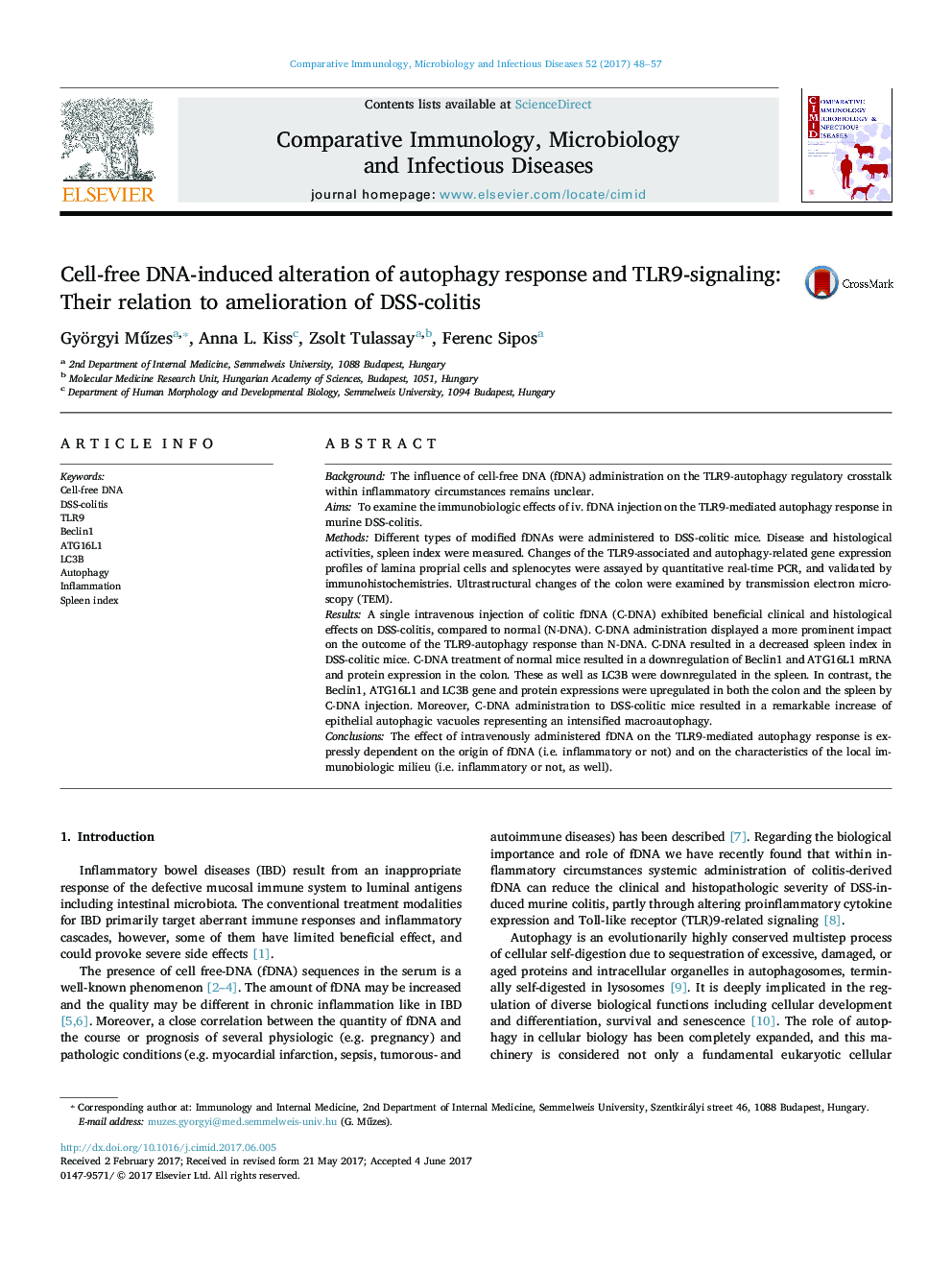 Cell-free DNA-induced alteration of autophagy response and TLR9-signaling: Their relation to amelioration of DSS-colitis