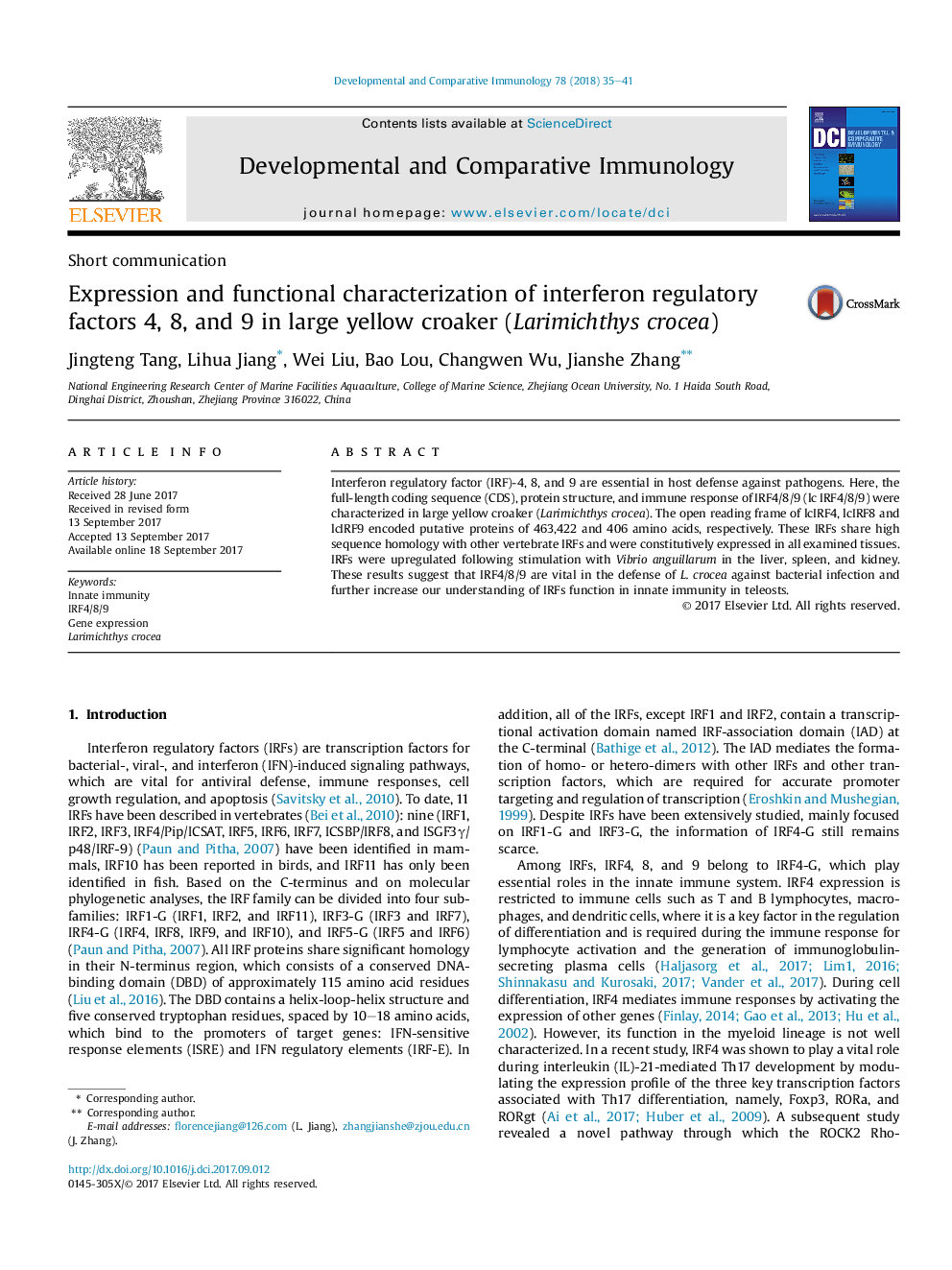 Expression and functional characterization of interferon regulatory factors 4, 8, and 9 in large yellow croaker (Larimichthys crocea)