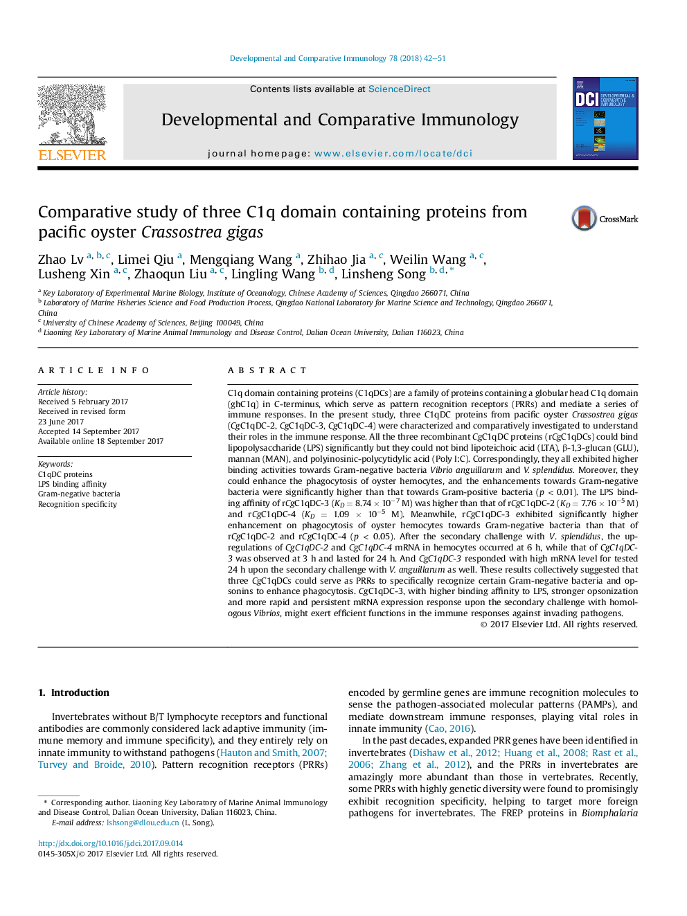 Comparative study of three C1q domain containing proteins from pacific oyster Crassostrea gigas