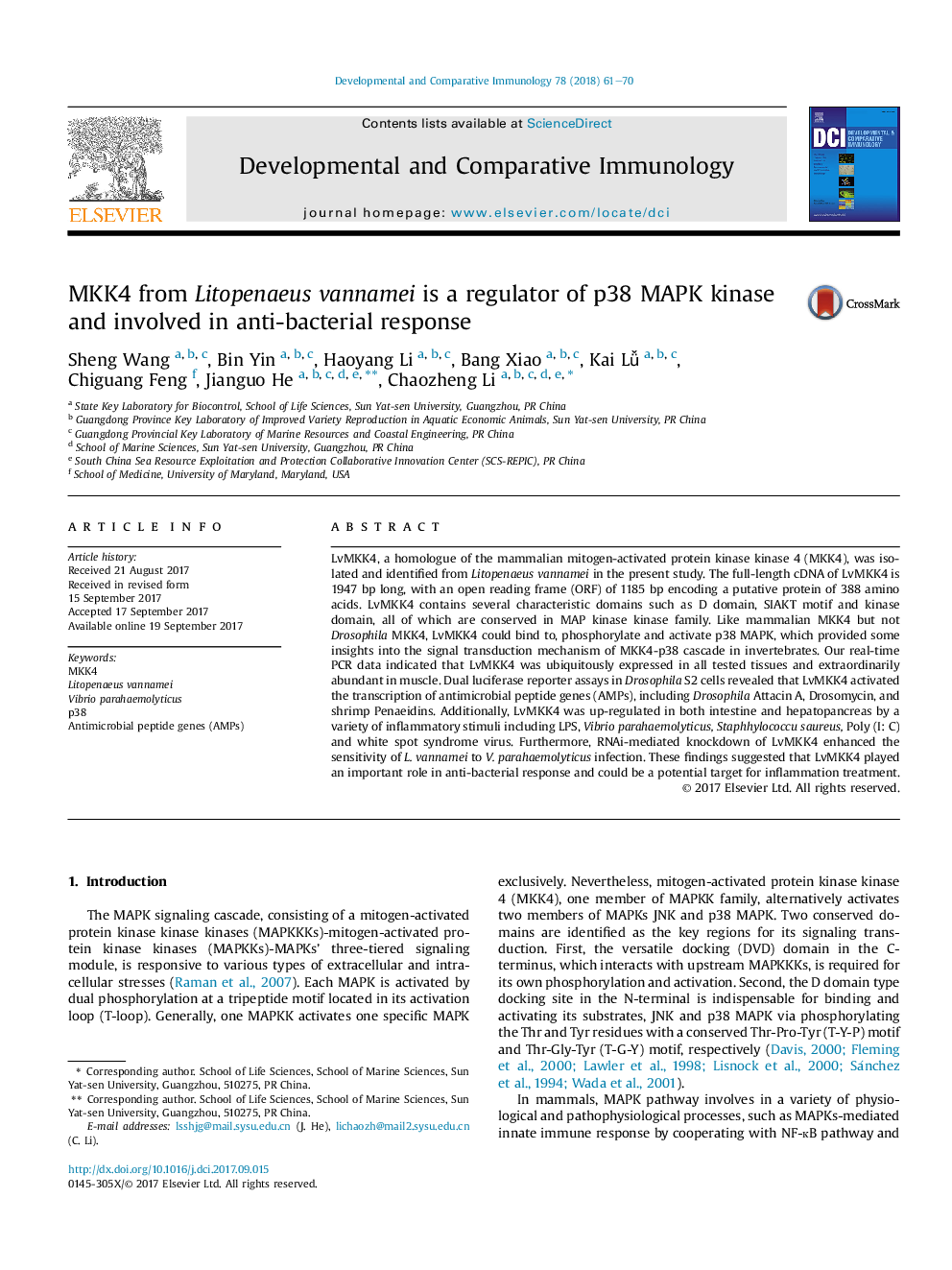 MKK4 from Litopenaeus vannamei is a regulator of p38 MAPK kinase and involved in anti-bacterial response