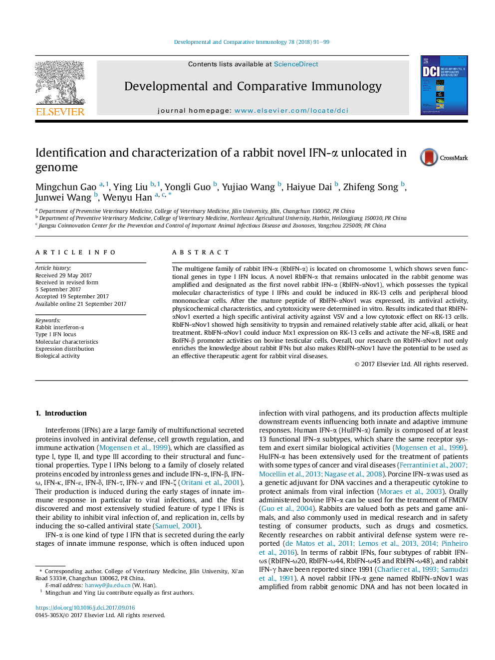 Identification and characterization of a rabbit novel IFN-Î± unlocated in genome