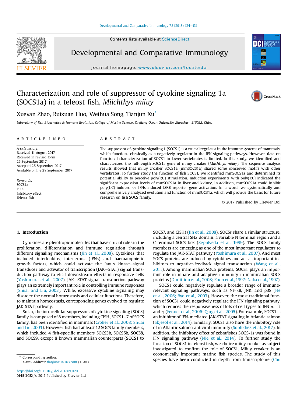 Characterization and role of suppressor of cytokine signaling 1a (SOCS1a) in a teleost fish, Miichthys miiuy