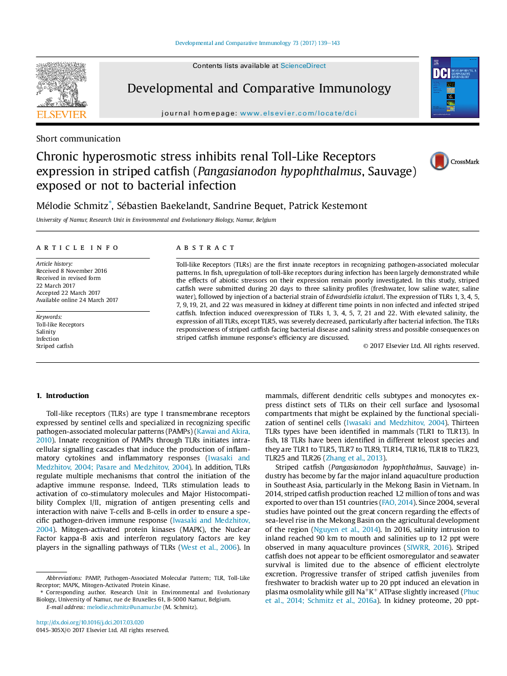 Chronic hyperosmotic stress inhibits renal Toll-Like Receptors expression in striped catfish (Pangasianodon hypophthalmus, Sauvage) exposed or not to bacterial infection