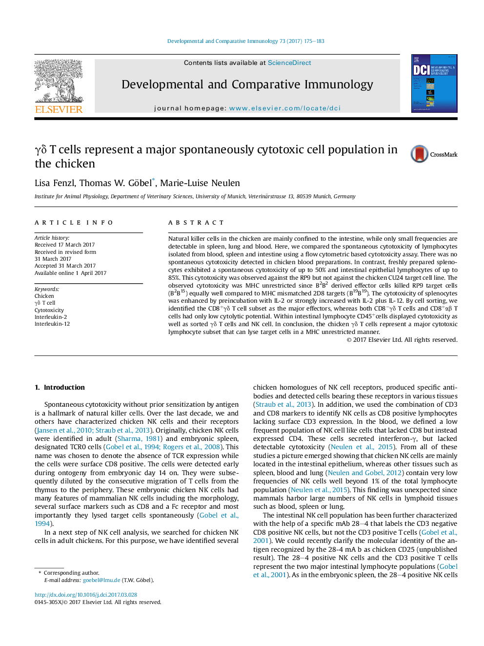 Î³Î´ T cells represent a major spontaneously cytotoxic cell population in the chicken