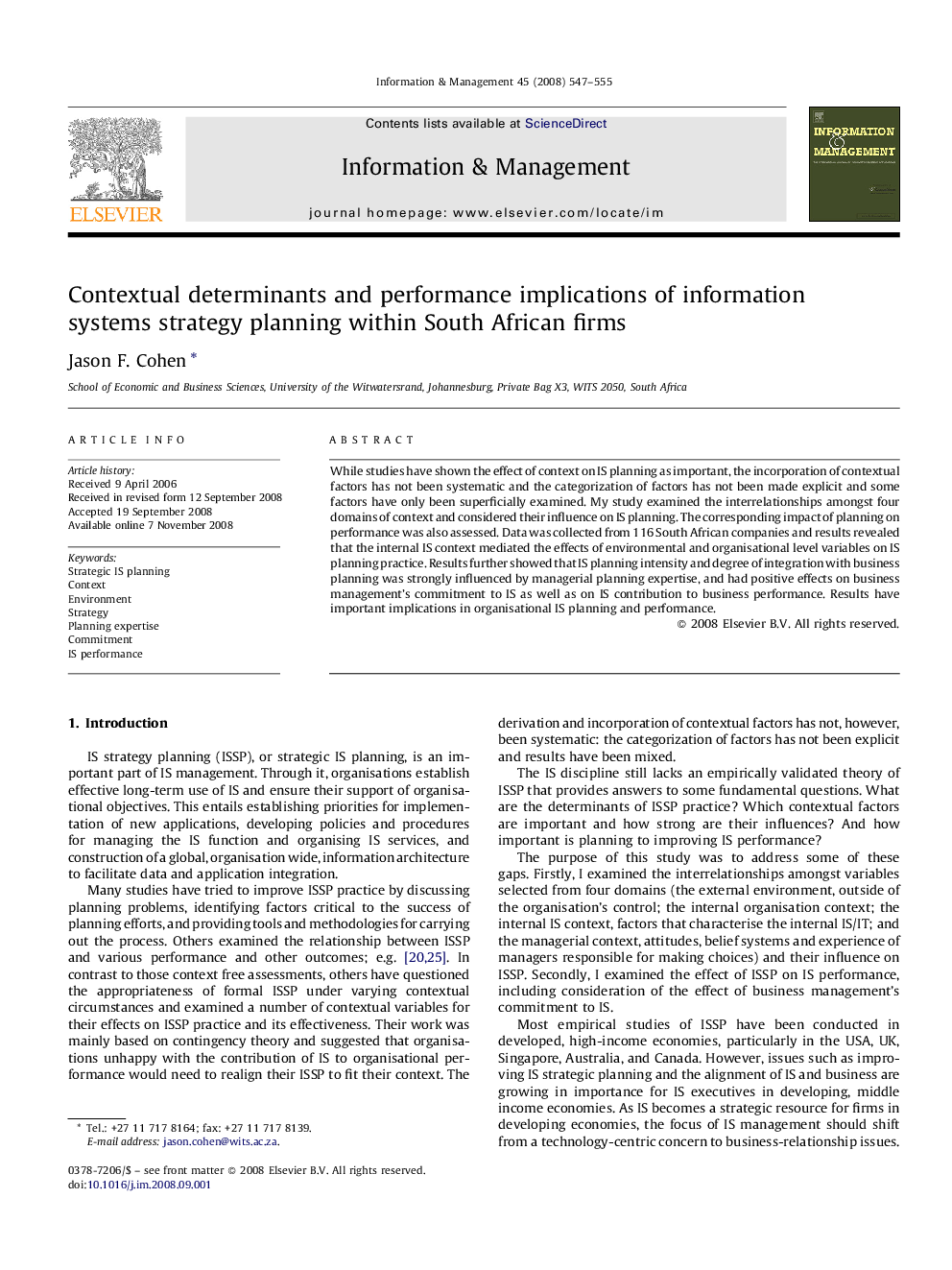 Contextual determinants and performance implications of information systems strategy planning within South African firms