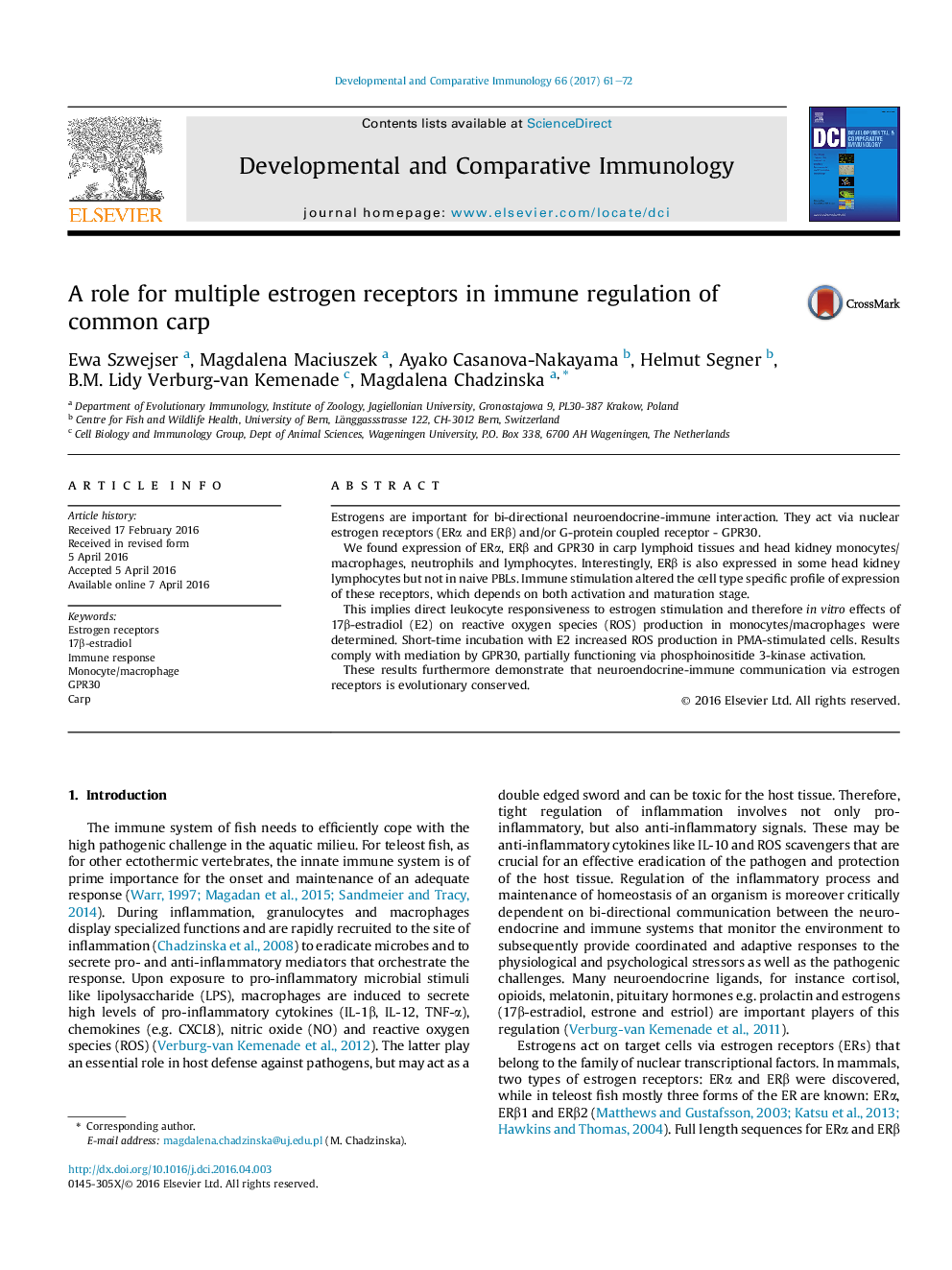 A role for multiple estrogen receptors in immune regulation of common carp