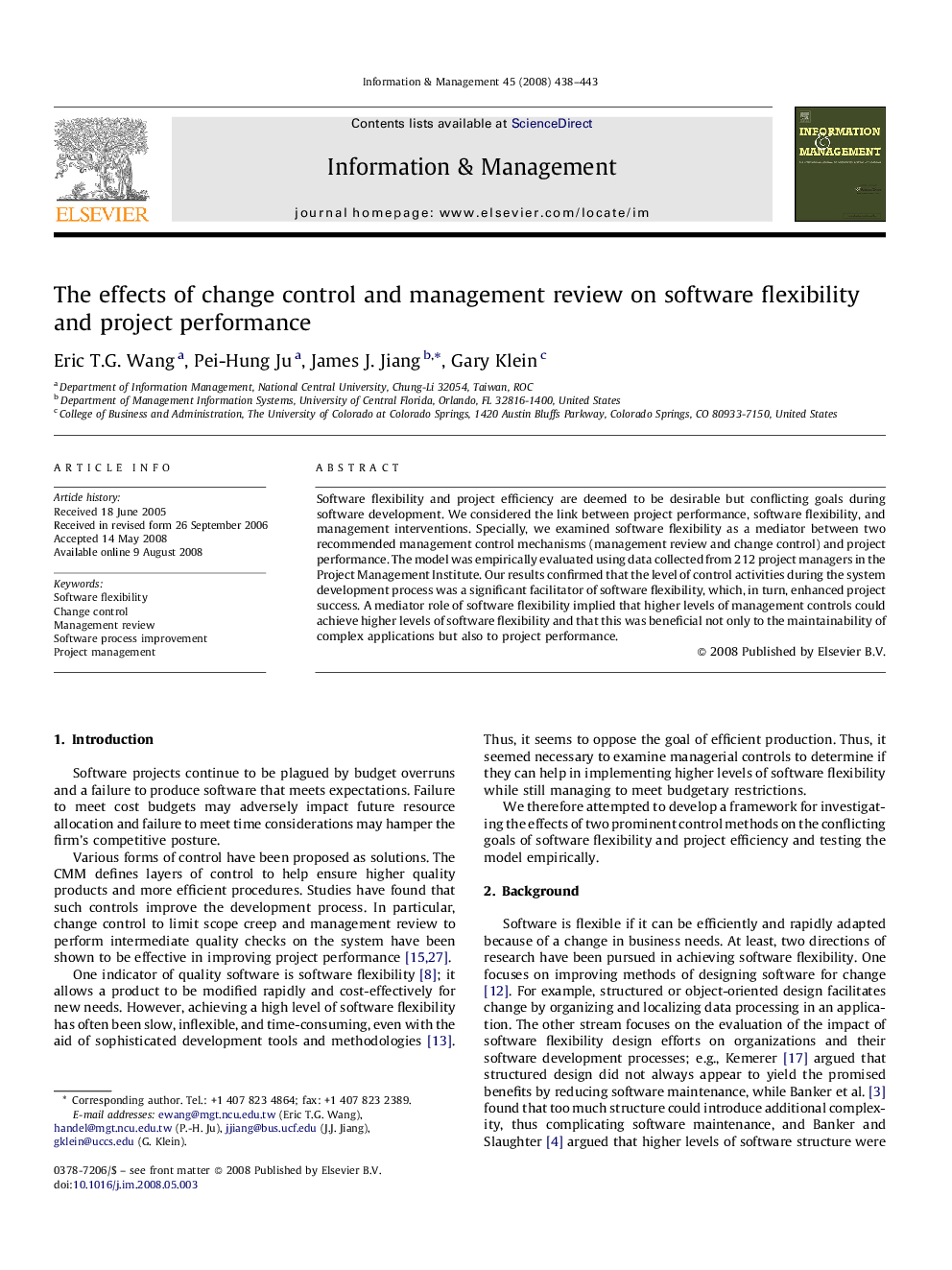 The effects of change control and management review on software flexibility and project performance