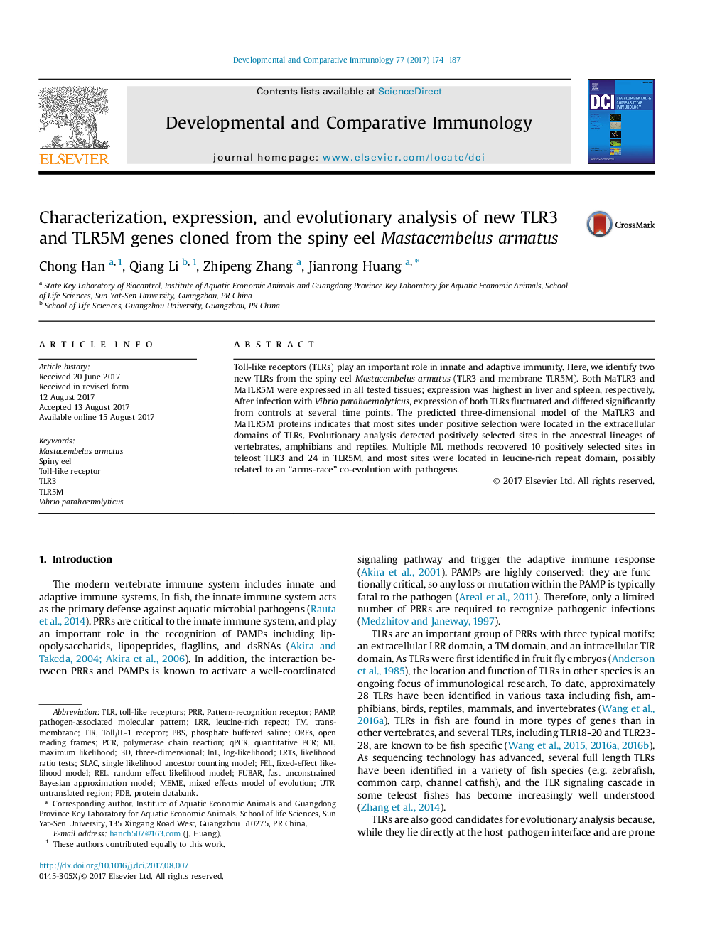 Characterization, expression, and evolutionary analysis of new TLR3 and TLR5M genes cloned from the spiny eel Mastacembelus armatus