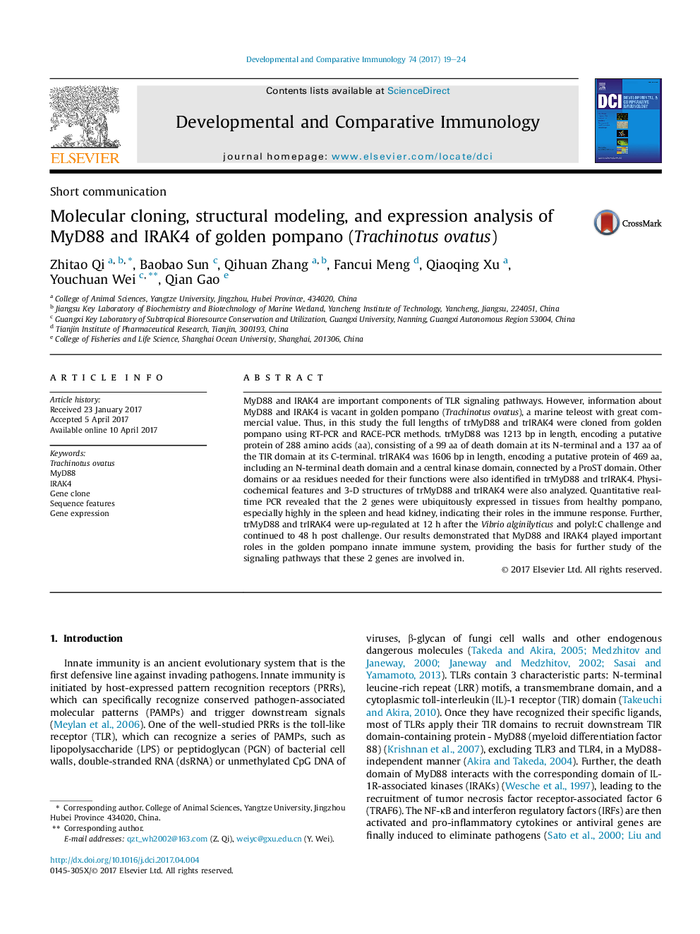 Molecular cloning, structural modeling, and expression analysis of MyD88 and IRAK4 of golden pompano (Trachinotus ovatus)