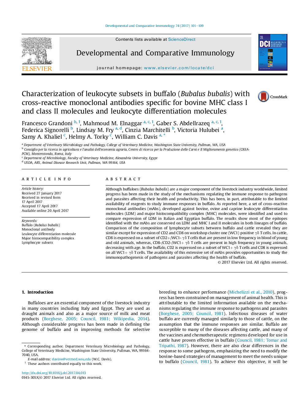 Characterization of leukocyte subsets in buffalo (Bubalus bubalis) with cross-reactive monoclonal antibodies specific for bovine MHC class I and class II molecules and leukocyte differentiation molecules