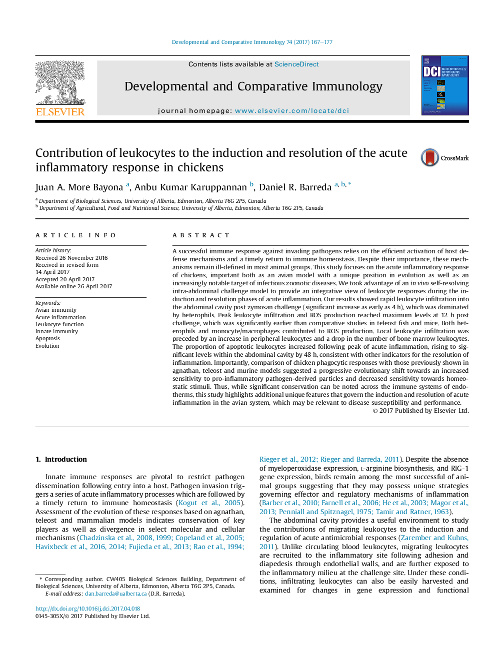 Contribution of leukocytes to the induction and resolution of the acute inflammatory response in chickens