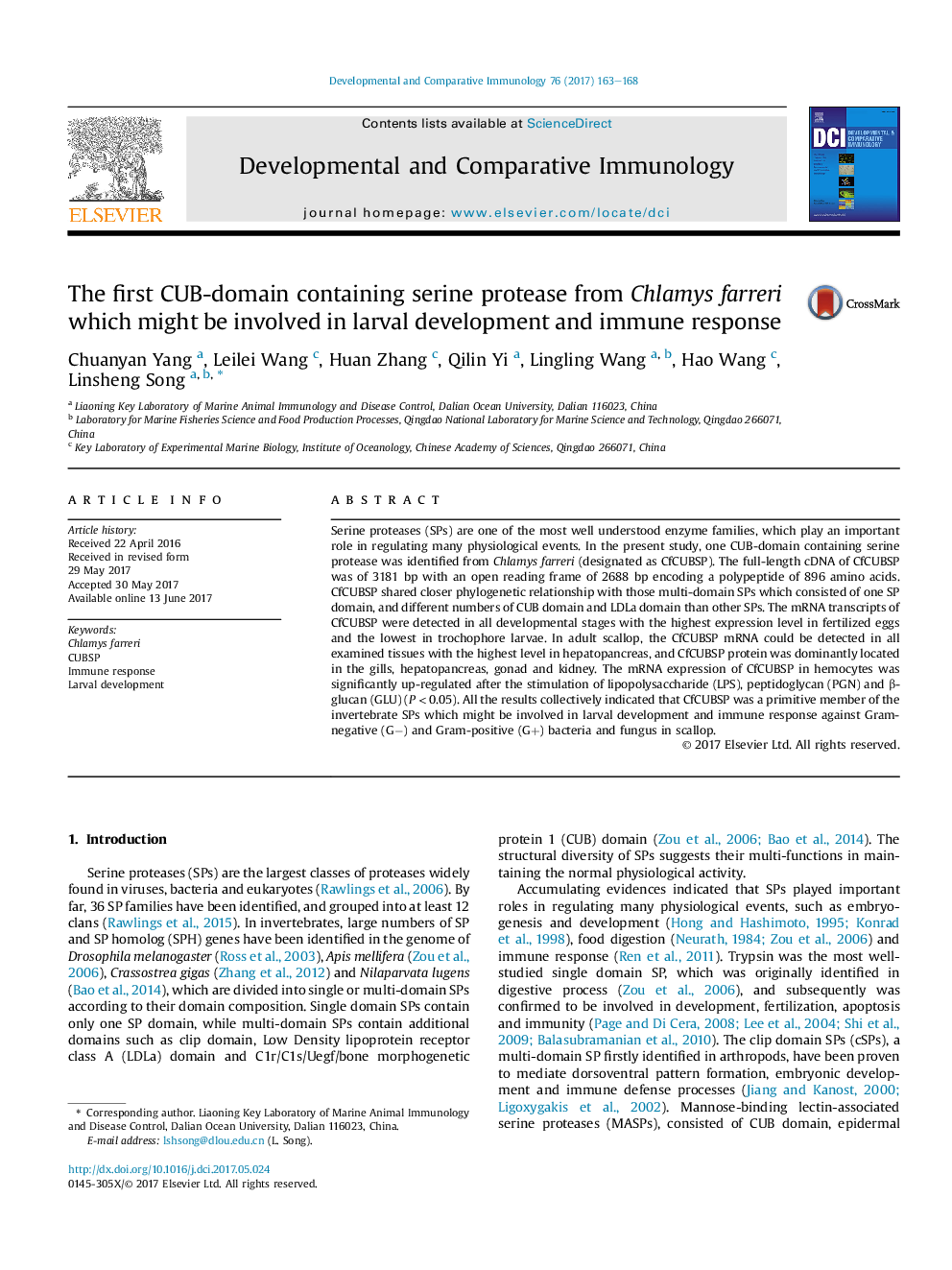 عکس صفحه اول مقاله: The first CUB-domain containing serine protease from Chlamys farreri which might be involved in larval development and immune response The first CUB-domain containing serine protease from Chlamys farreri which might be involved in larval development and immune response