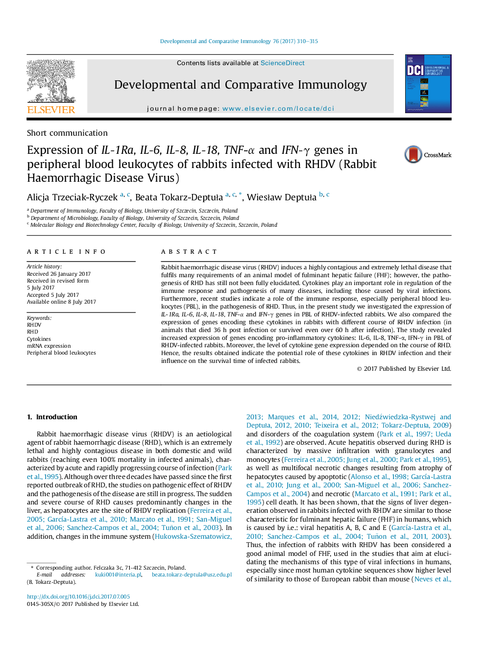 Expression of IL-1Ra, IL-6, IL-8, IL-18, TNF-Î± and IFN-Î³ genes in peripheral blood leukocytes of rabbits infected with RHDV (Rabbit Haemorrhagic Disease Virus)