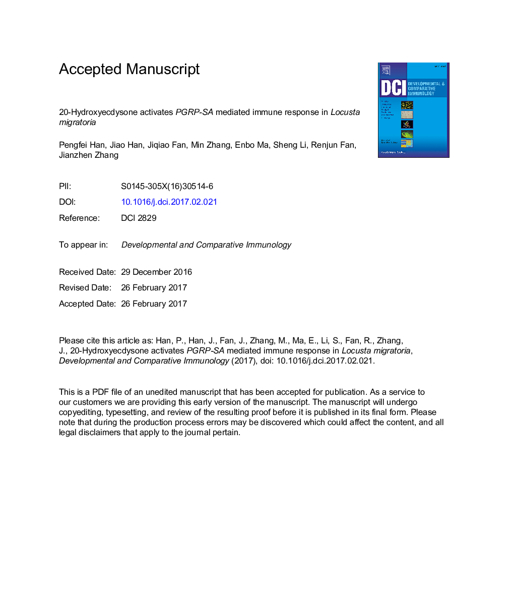 20-Hydroxyecdysone activates PGRP-SA mediated immune response in Locusta migratoria