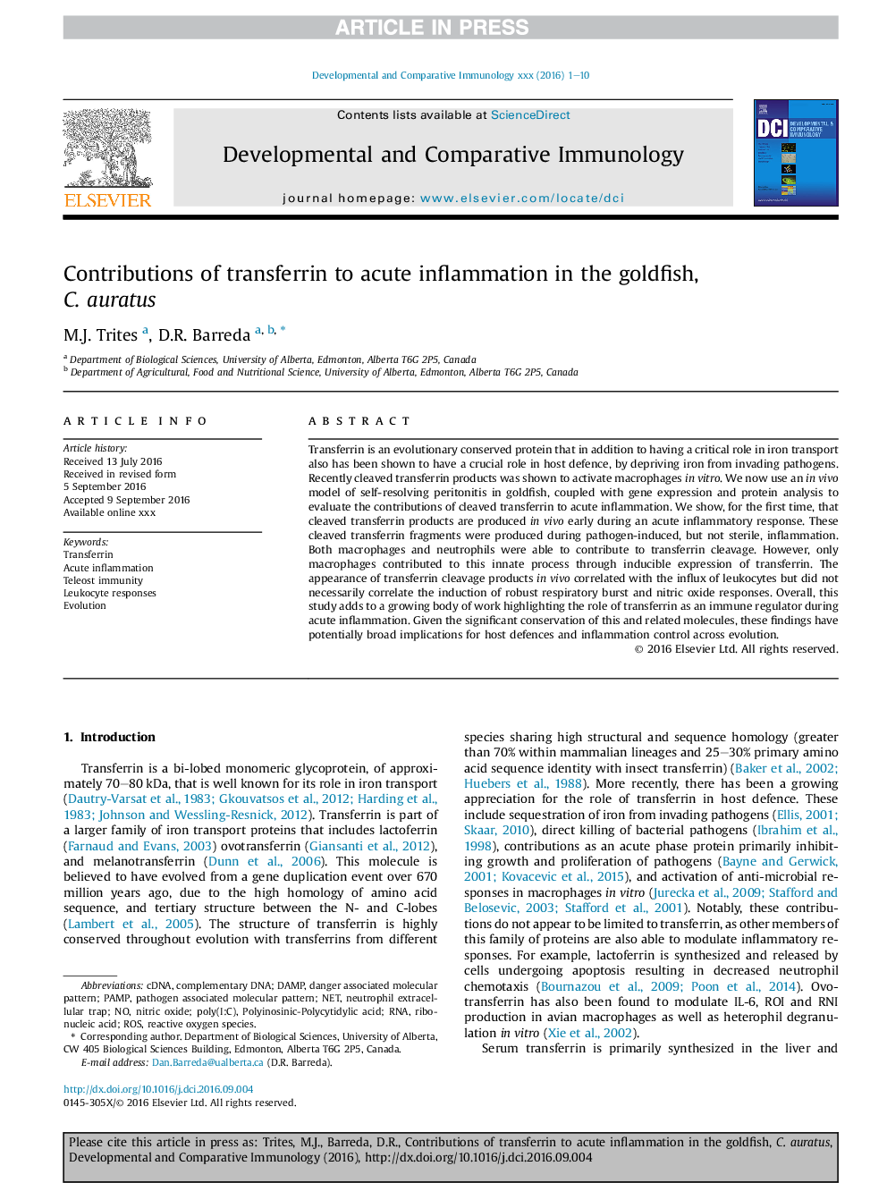 Contributions of transferrin to acute inflammation in the goldfish, C.Â auratus