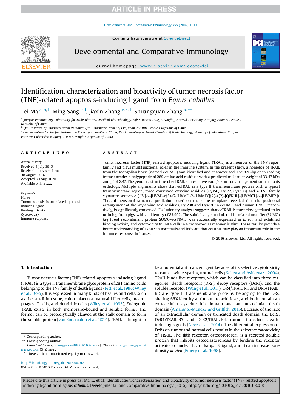 Identification, characterization and bioactivity of tumor necrosis factor (TNF)-related apoptosis-inducing ligand from Equus caballus