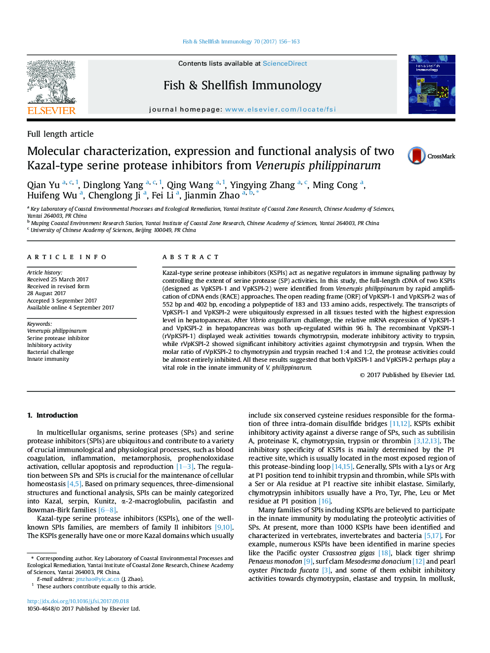 Molecular characterization, expression and functional analysis of two Kazal-type serine protease inhibitors from Venerupis philippinarum