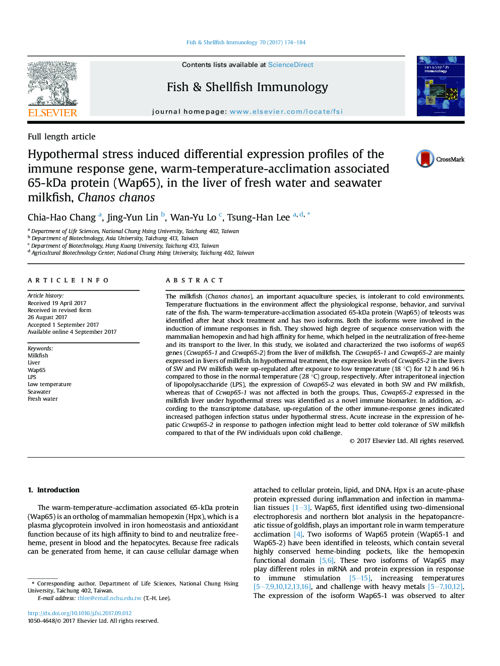Hypothermal stress induced differential expression profiles of the immune response gene, warm-temperature-acclimation associated 65-kDa protein (Wap65), in the liver of fresh water and seawater milkfish, Chanos chanos