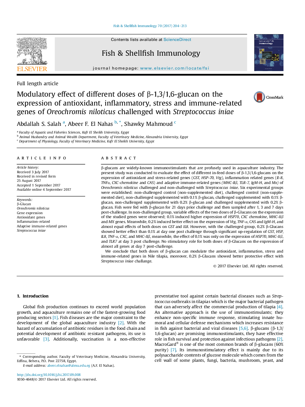 Modulatory effect of different doses of Î²-1,3/1,6-glucan on the expression of antioxidant, inflammatory, stress and immune-related genes of Oreochromis niloticus challenged with Streptococcus iniae