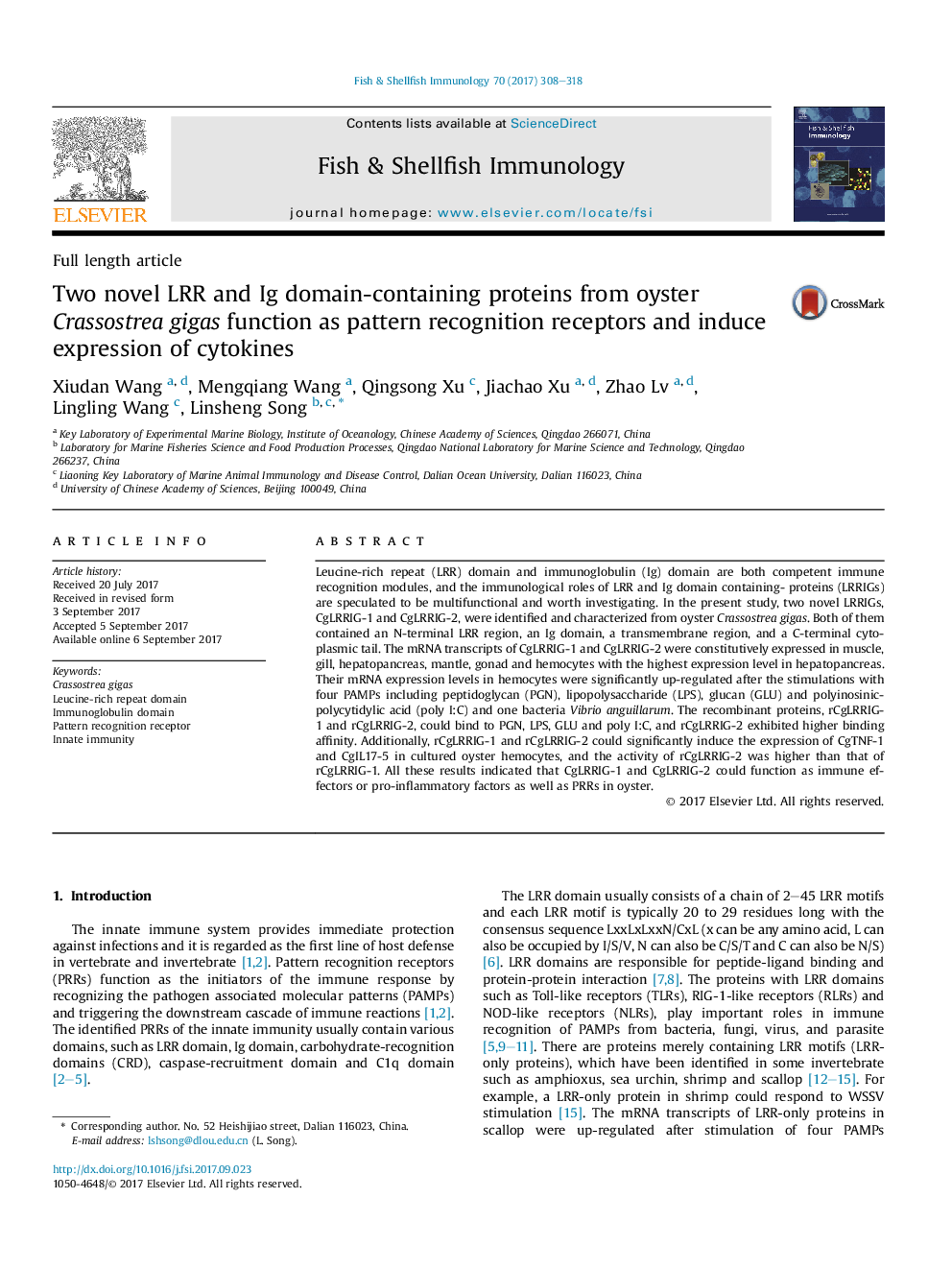 Two novel LRR and Ig domain-containing proteins from oyster Crassostrea gigas function as pattern recognition receptors and induce expression of cytokines