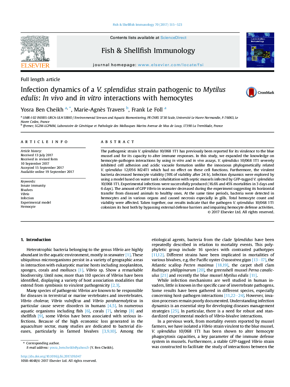 Infection dynamics of a V.Â splendidus strain pathogenic to Mytilus edulis: InÂ vivo and inÂ vitro interactions with hemocytes