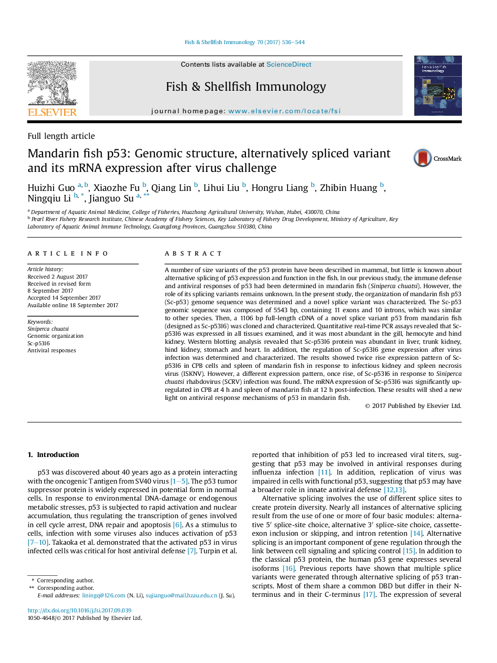 Mandarin fish p53: Genomic structure, alternatively spliced variant and its mRNA expression after virus challenge