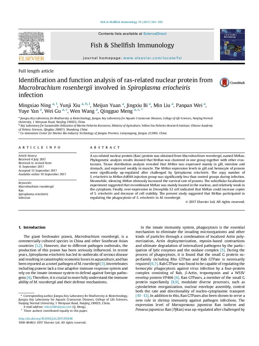 Identification and function analysis of ras-related nuclear protein from Macrobrachium rosenbergii involved in Spiroplasma eriocheiris infection