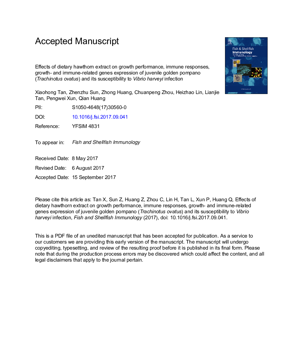 Effects of dietary hawthorn extract on growth performance, immune responses, growth- and immune-related genes expression of juvenile golden pompano (Trachinotus ovatus) and its susceptibility to Vibrio harveyi infection