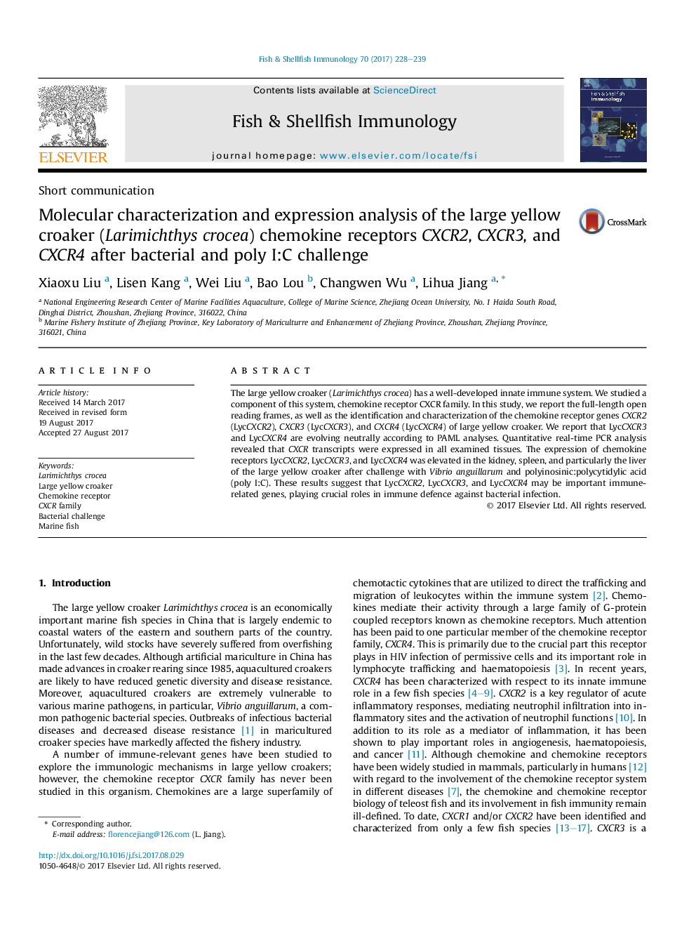 Molecular characterization and expression analysis of the large yellow croaker (Larimichthys crocea) chemokine receptors CXCR2, CXCR3, and CXCR4 after bacterial and poly I:C challenge