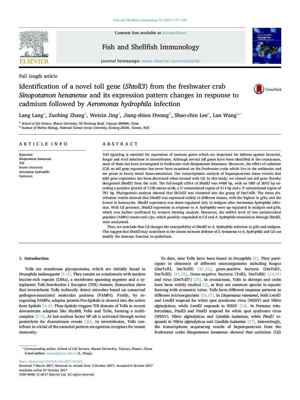 Identification of a novel toll gene (Shtoll3) from the freshwater crab Sinopotamon henanense and its expression pattern changes in response to cadmium followed by Aeromonas hydrophila infection