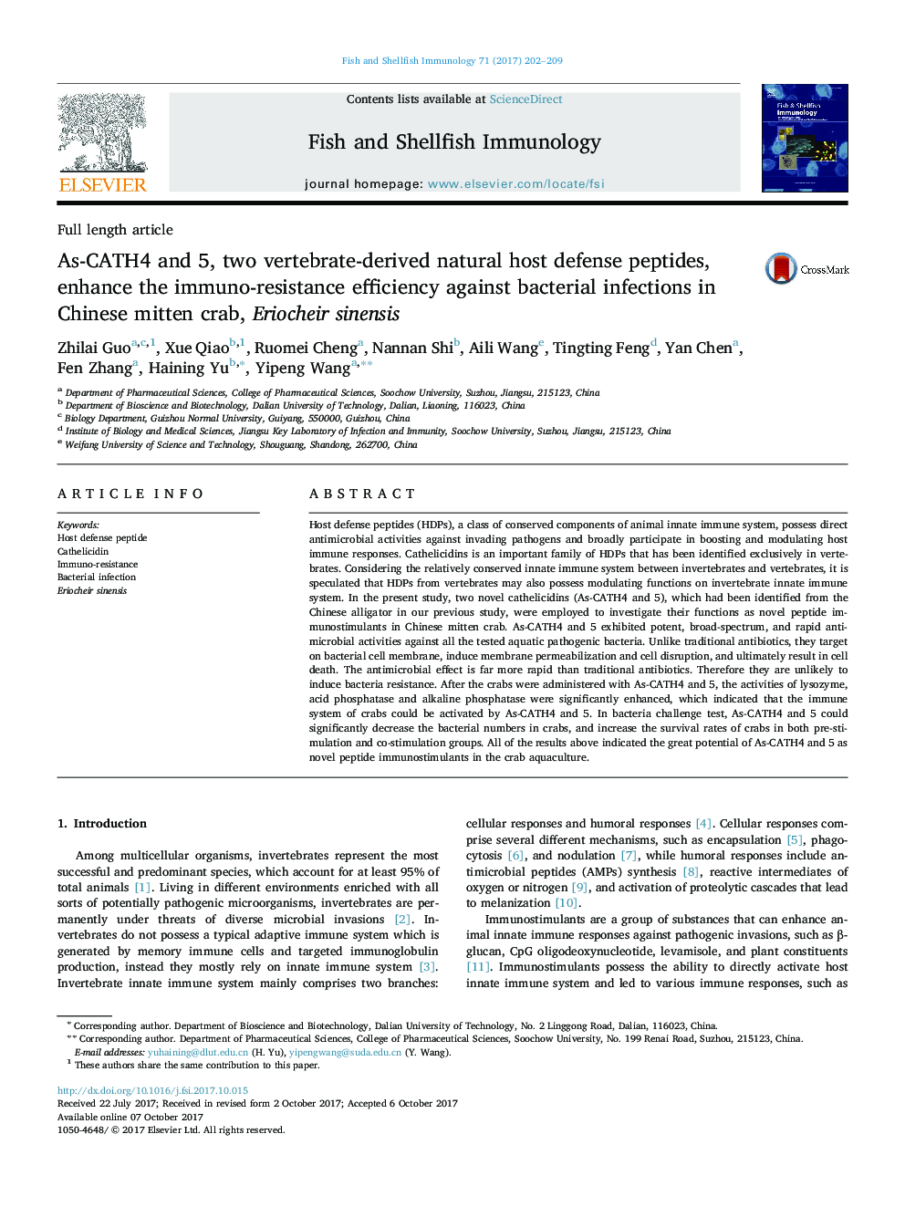 As-CATH4 and 5, two vertebrate-derived natural host defense peptides, enhance the immuno-resistance efficiency against bacterial infections in Chinese mitten crab, Eriocheir sinensis