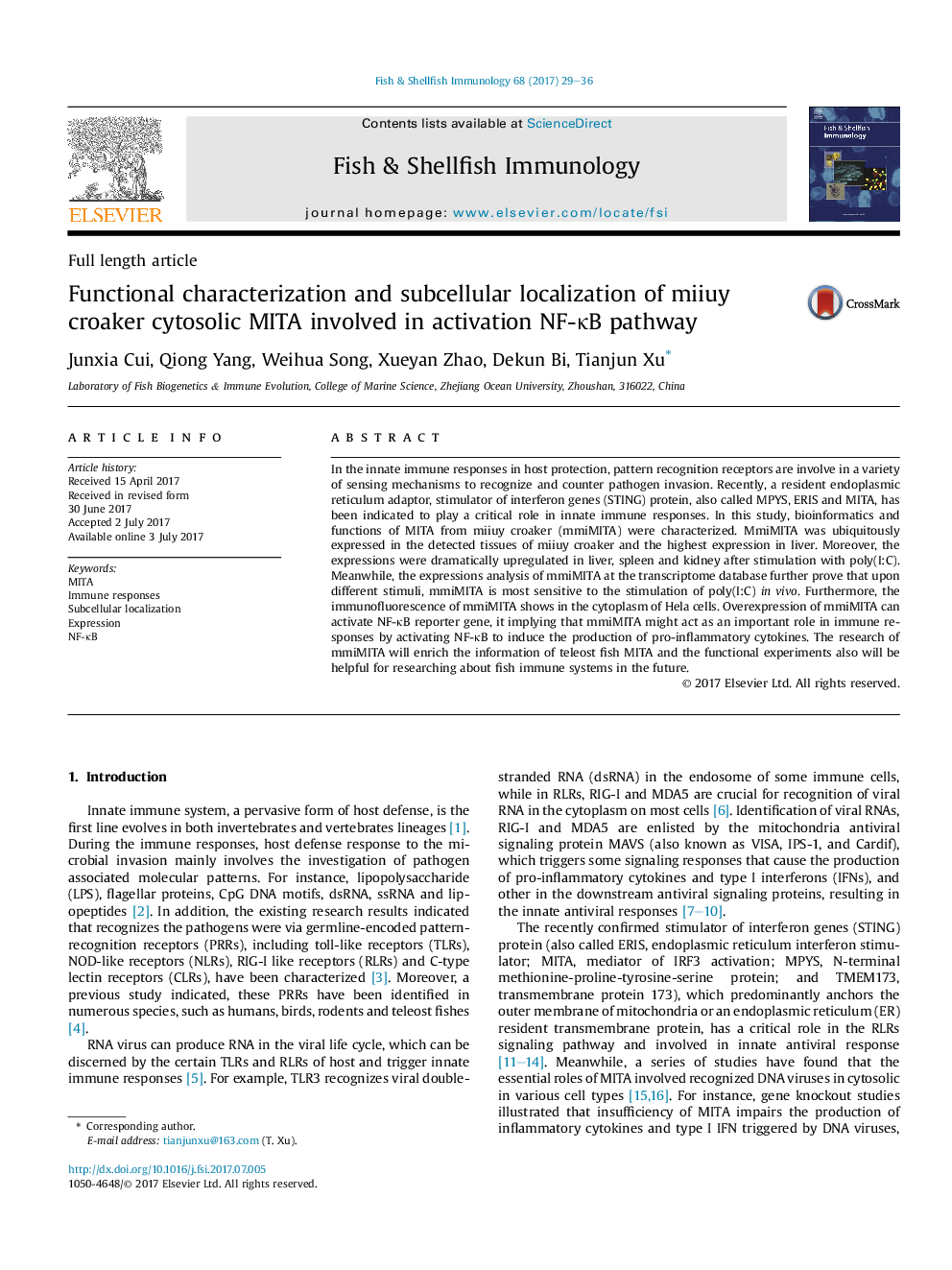 Functional characterization and subcellular localization of miiuy croaker cytosolic MITA involved in activation NF-ÎºB pathway