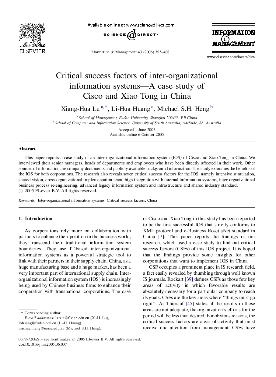 Critical success factors of inter-organizational information systems—A case study of Cisco and Xiao Tong in China